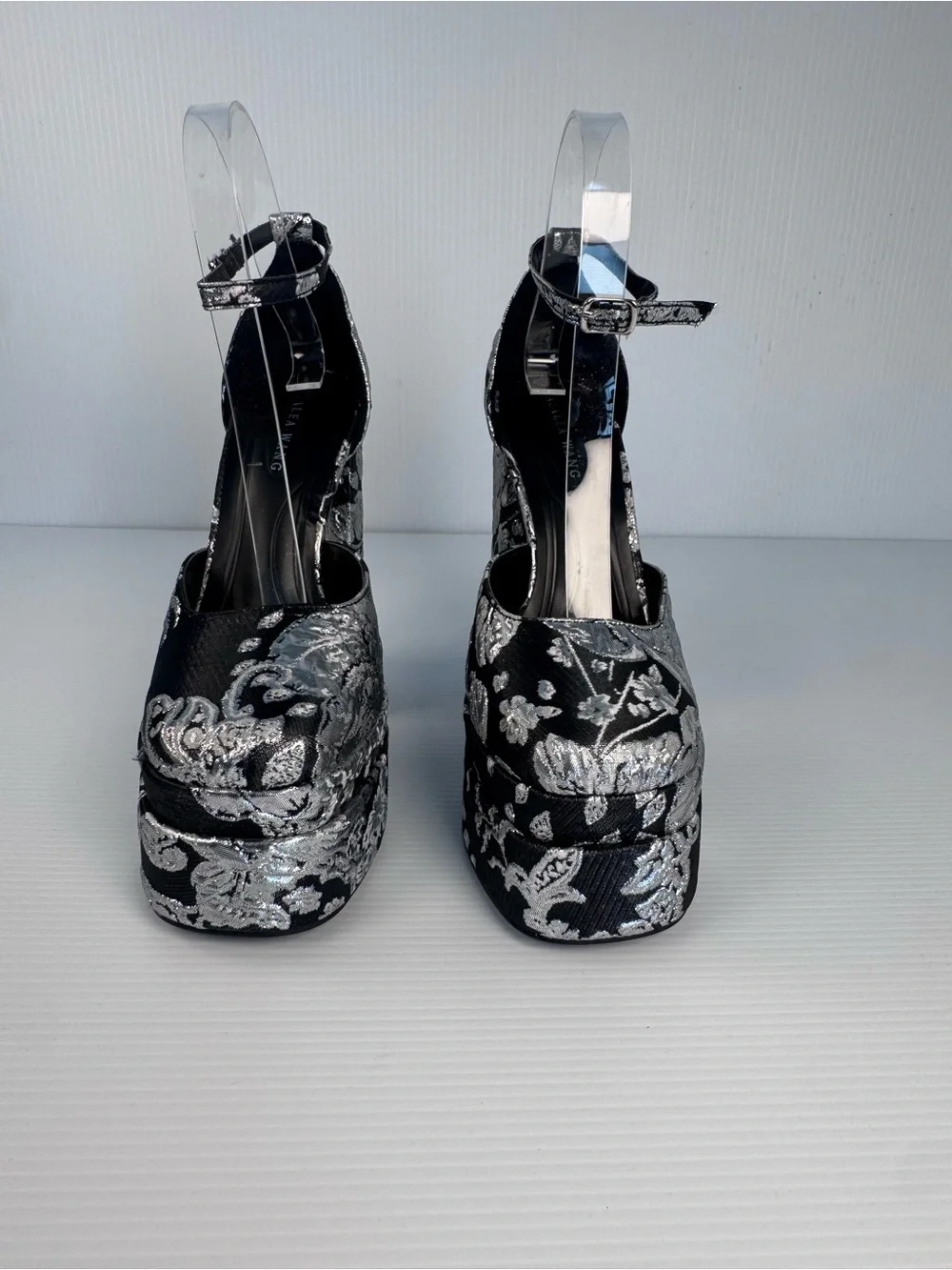Azalea Wang Zipporah Black Platform Heels | Silver Floral Brocade | Sz 6-9 NIB